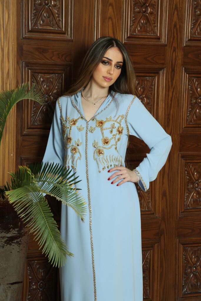 Crystal handmade blue jalabiya, crafted from premium crepe fabric with 250+ hand-embroidered crystals, perfect for formal events, weddings, and modest fashion lovers.