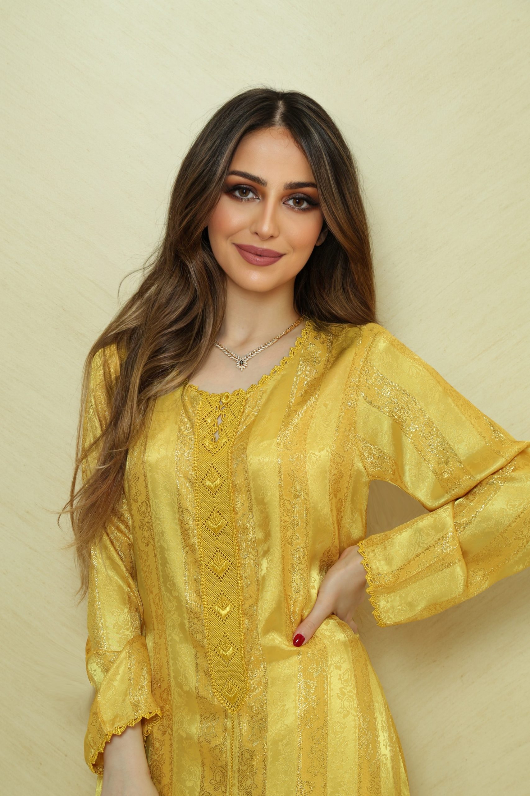 3432D75F-54AE-4F21-B4FA-9AB585AD983B-7760-000008A959860870 Elegant Handcrafted Randa Dress, crafted from original Silk Jawhara Randa, featuring intricate hand embroidery and a matching belt. Designed for formal occasions, weddings, and cultural celebrations.