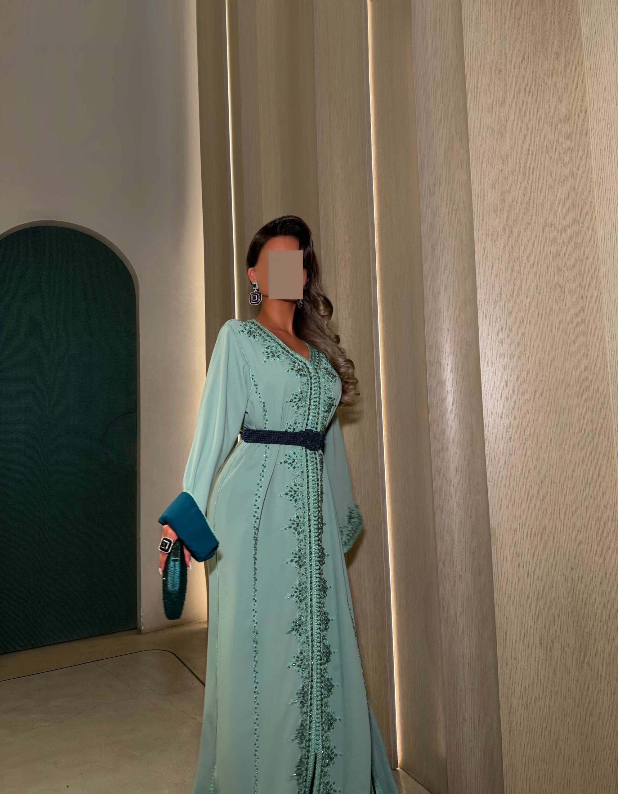 image00012-2 Elegant Dual Color Crystal Kaftan for Women, crafted from premium crepe fabric with intricate crystal embellishments. Includes a belt for a customizable fit. Perfect for formal events, weddings, and elegant everyday wear.